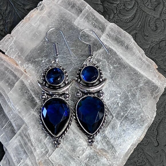 Faceted Blue Gem Crescent Moon Earrings Crystal Stone Jewelry - Picture 1 of 6